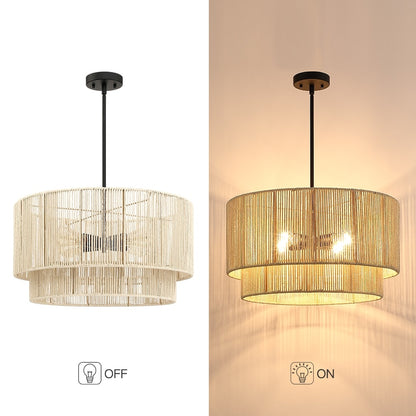 Lampadario a 4 luci a forma di tamburo a strati in vimini con baldacchino nero - 56 cm di larghezza