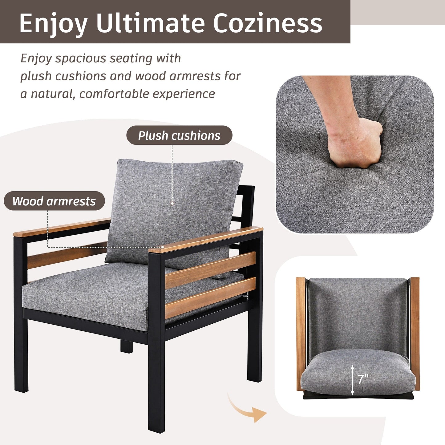 Set di Divani da Esterno da 4 Pezzi per 5 Persone con Cuscini Rimovibili e Tavolino in Legno Massello