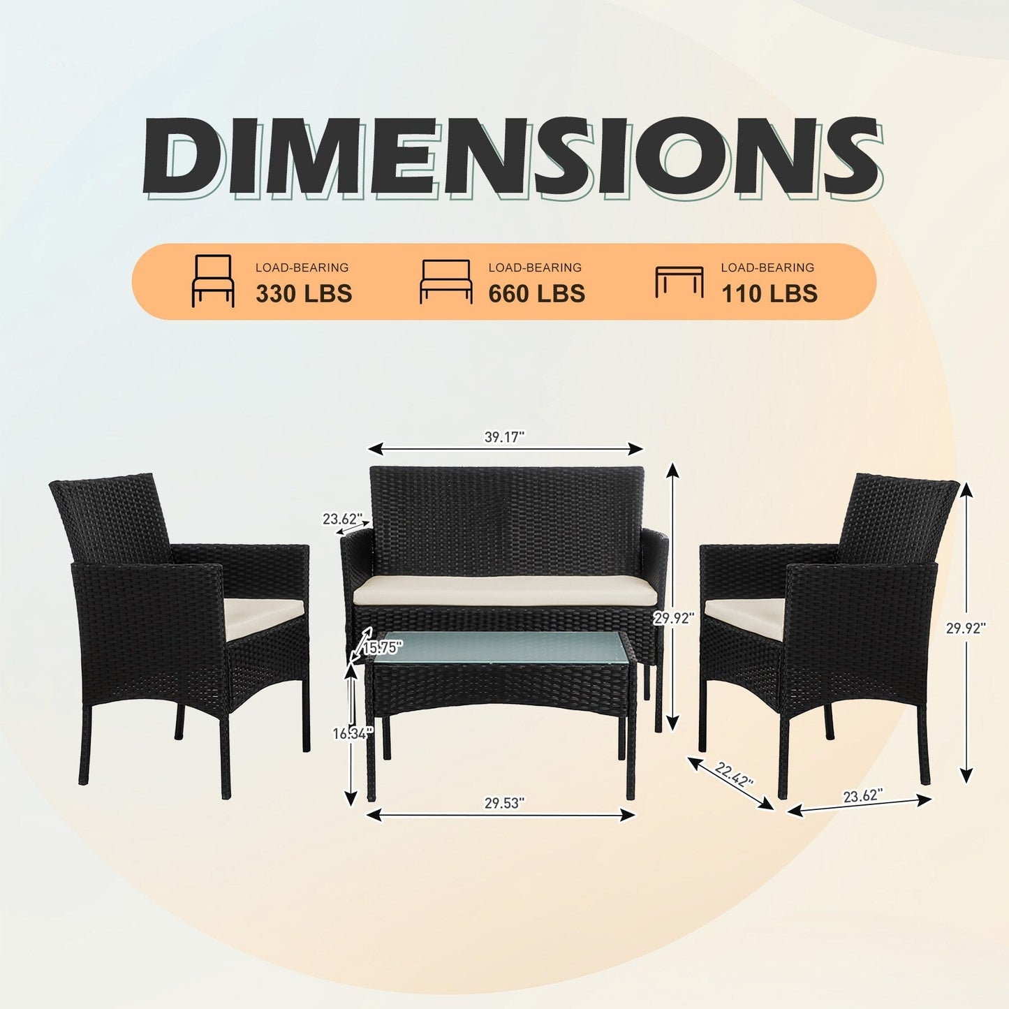 Set di mobili da giardino in vimite da 4 pezzi, set di divani componibili in rattan da esterno con cuscini.