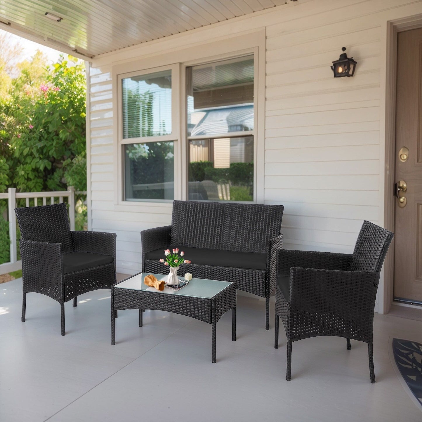 Set di mobili da giardino in vimite da 4 pezzi, set di divani componibili in rattan da esterno con cuscini.