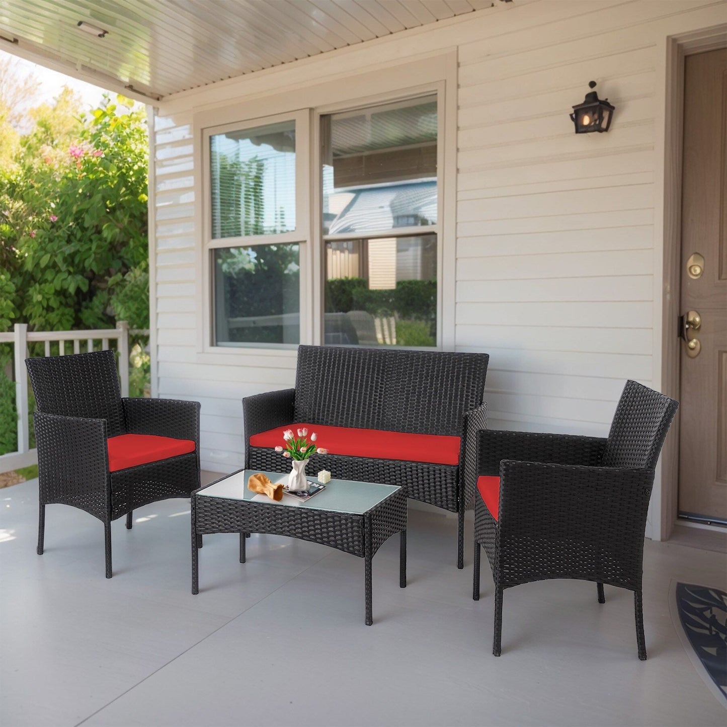 Set di mobili da giardino in vimite da 4 pezzi, set di divani componibili in rattan da esterno con cuscini.