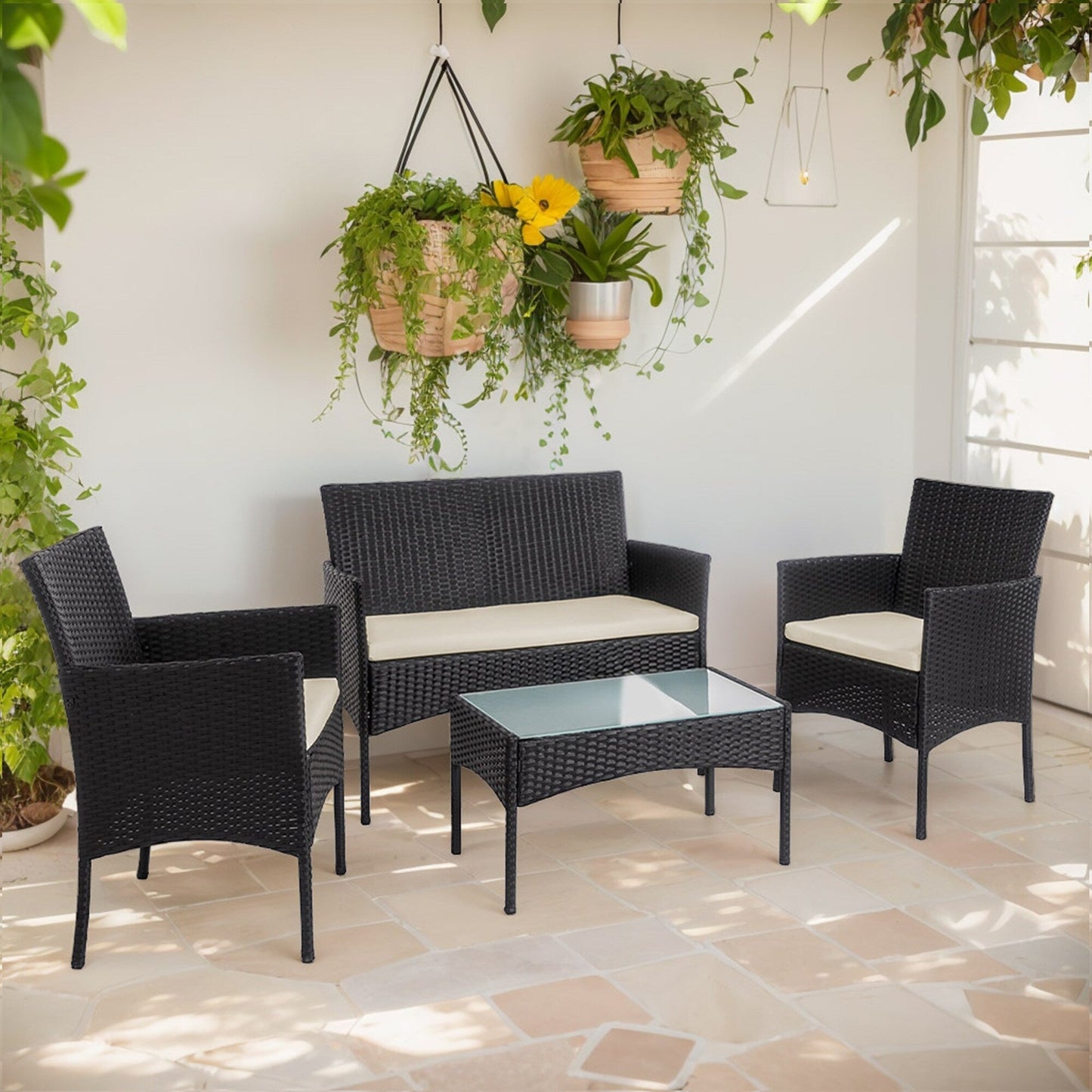 Set di mobili da giardino in vimite da 4 pezzi, set di divani componibili in rattan da esterno con cuscini.