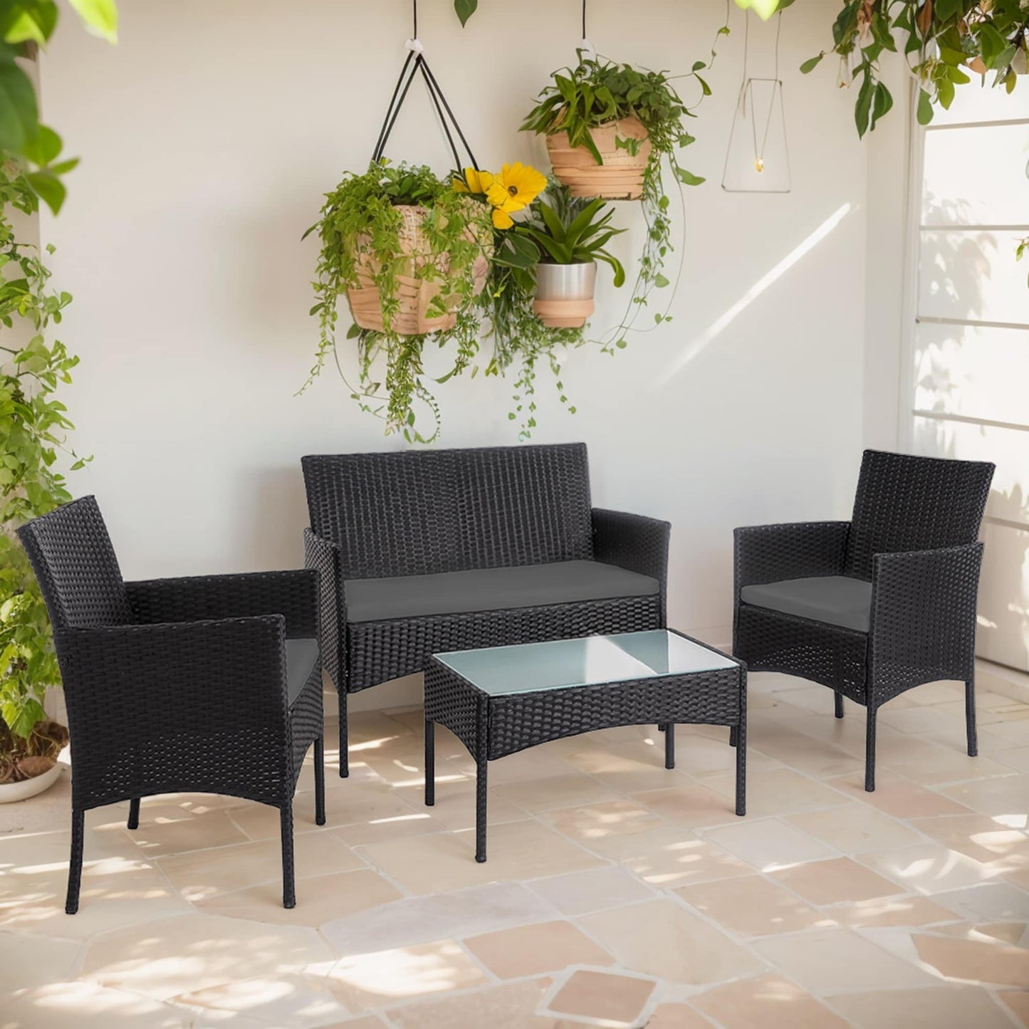 Set di mobili da giardino in vimite da 4 pezzi, set di divani componibili in rattan da esterno con cuscini.