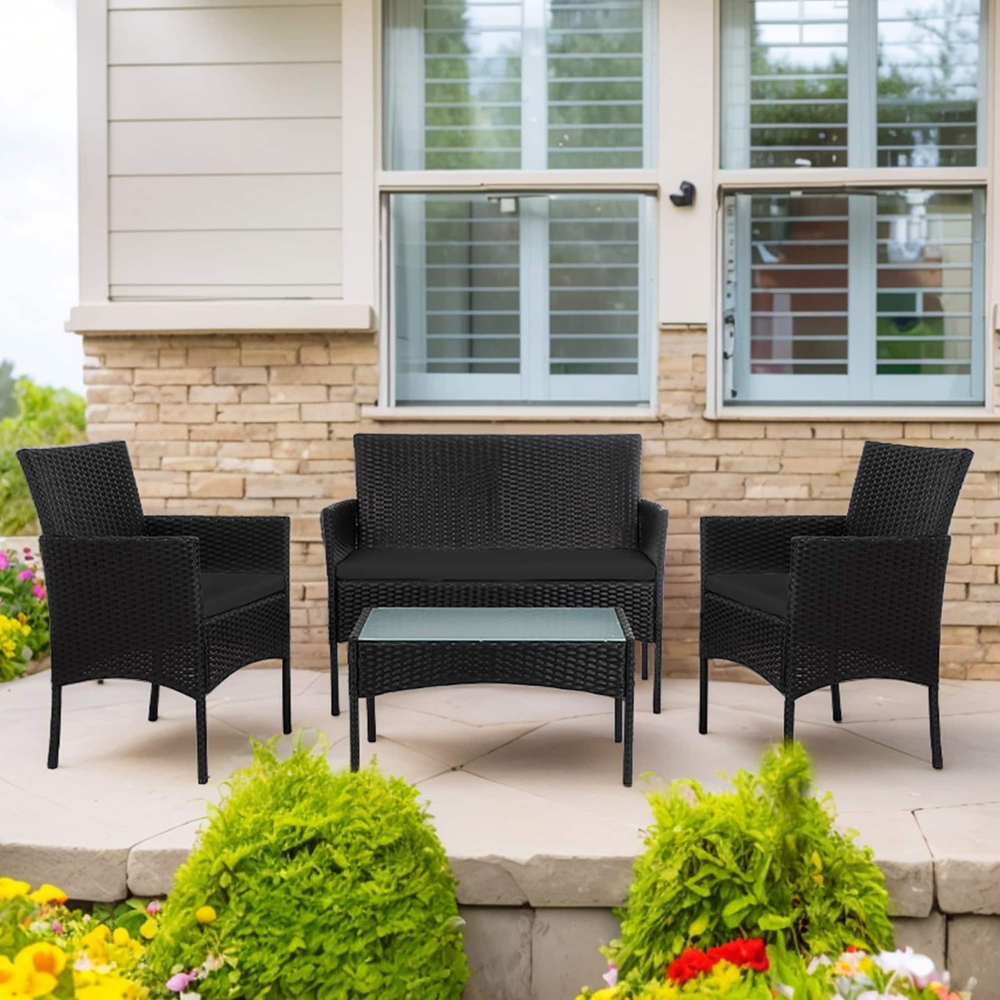 Set di mobili da giardino in vimite da 4 pezzi, set di divani componibili in rattan da esterno con cuscini.