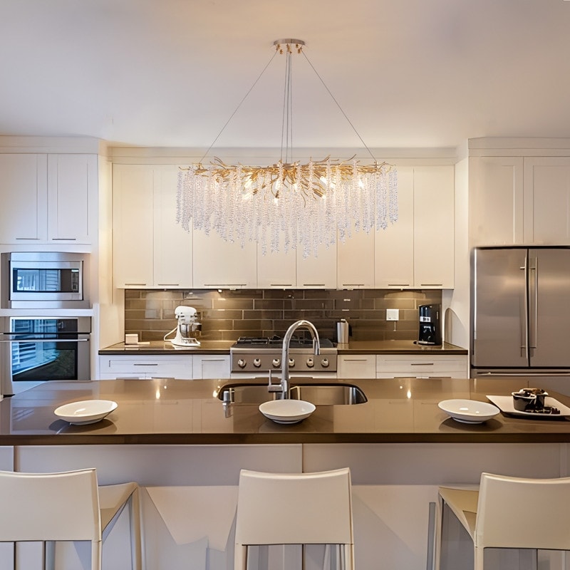 Lampadario a LED moderno a forma di albero con rami, rettangolare, in cristallo dorato, da 40 pollici, ideale per sala da pranzo, cucina, isola cucina.