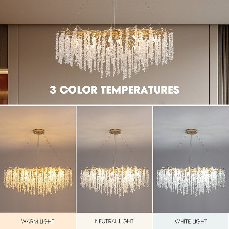 Lampadario a LED moderno a forma di albero con rami, rettangolare, in cristallo dorato, da 40 pollici, ideale per sala da pranzo, cucina, isola cucina.