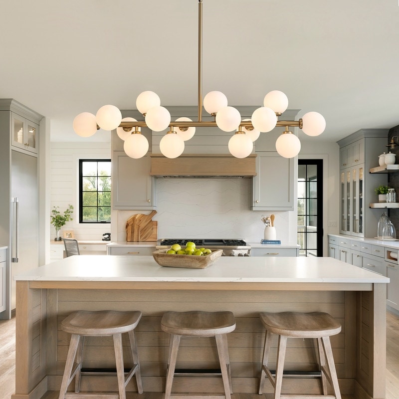 Lampadario lineare a 16 luci in ottone dorato, stile Mid-Century Modern, da 40 pollici, con paralume in vetro satinato, ideale per la sala da pranzo.