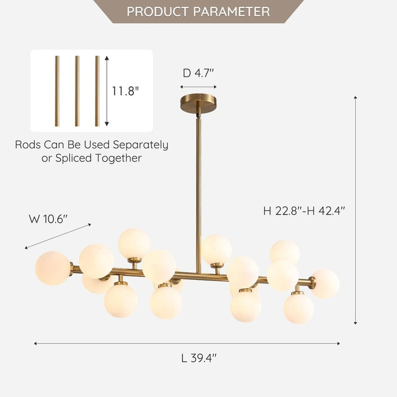 Lampadario lineare a 16 luci in ottone dorato, stile Mid-Century Modern, da 40 pollici, con paralume in vetro satinato, ideale per la sala da pranzo.