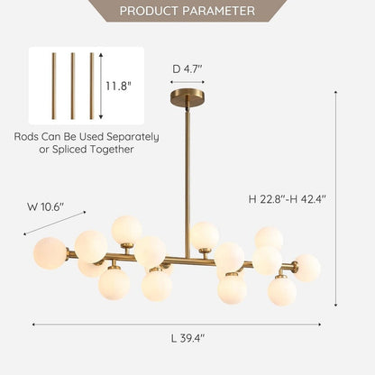 Lampadario lineare a 16 luci in ottone dorato, stile Mid-Century Modern, da 40 pollici, con paralume in vetro satinato, ideale per la sala da pranzo.