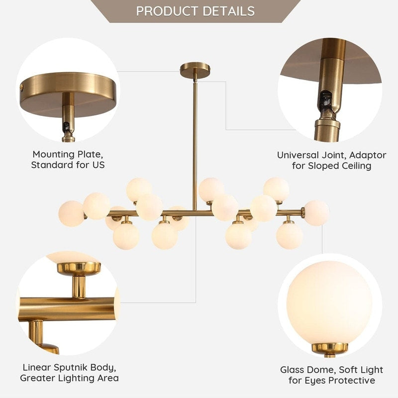 Lampadario lineare a 16 luci in ottone dorato, stile Mid-Century Modern, da 40 pollici, con paralume in vetro satinato, ideale per la sala da pranzo.