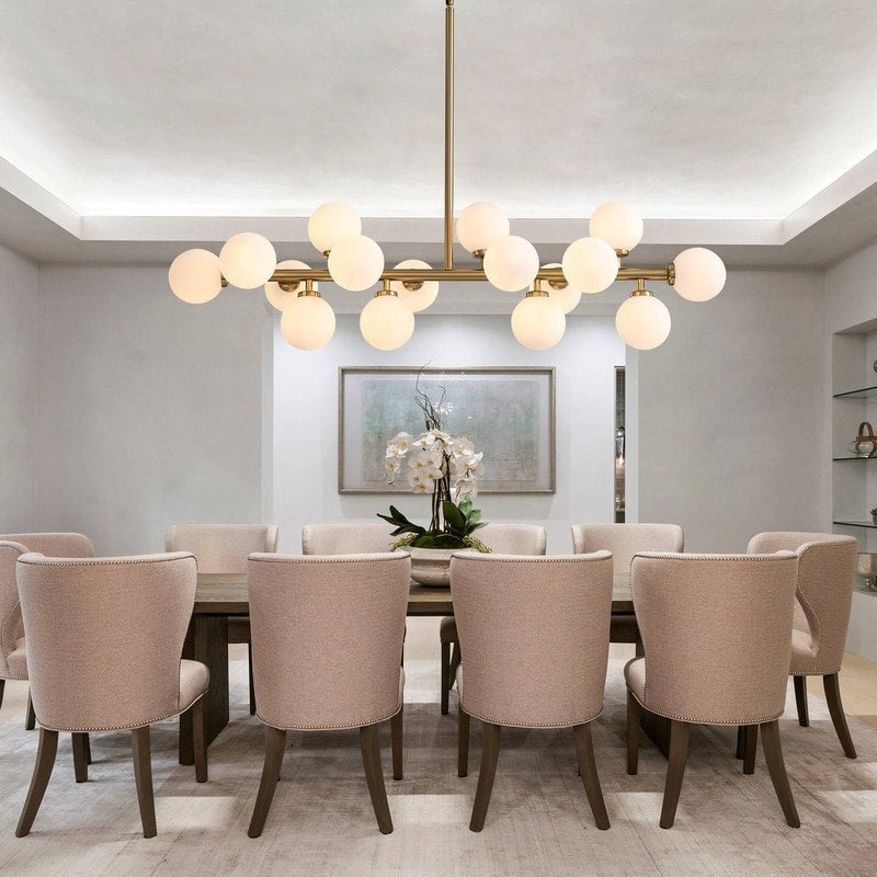 Lampadario lineare a 16 luci in ottone dorato, stile Mid-Century Modern, da 40 pollici, con paralume in vetro satinato, ideale per la sala da pranzo.