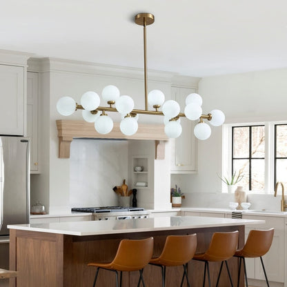 Lampadario lineare a 16 luci in ottone dorato, stile Mid-Century Modern, da 40 pollici, con paralume in vetro satinato, ideale per la sala da pranzo.