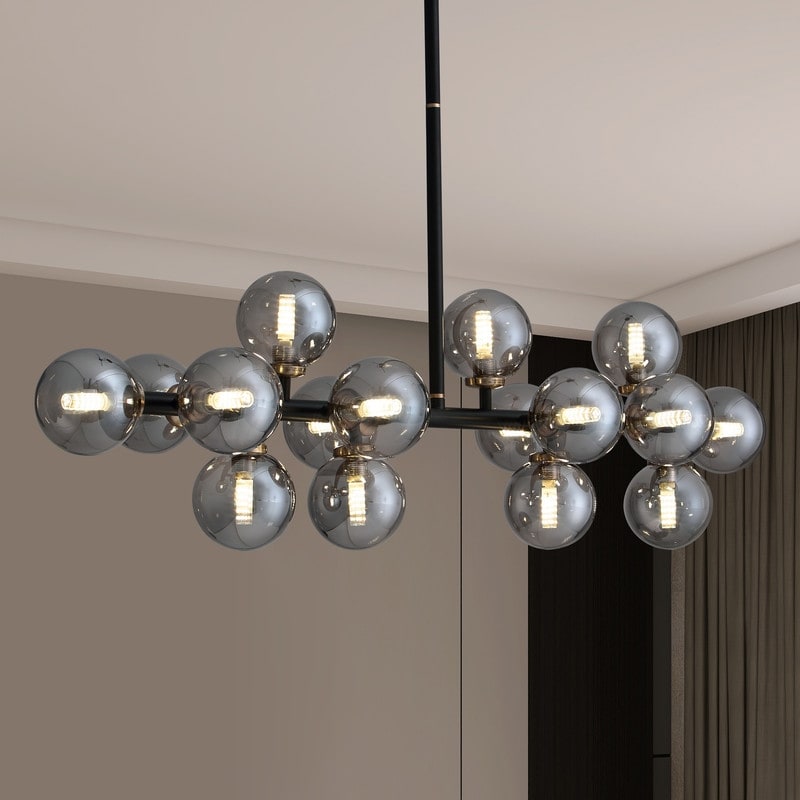 Lampadario lineare a 16 luci in ottone dorato, stile Mid-Century Modern, da 40 pollici, con paralume in vetro satinato, ideale per la sala da pranzo.