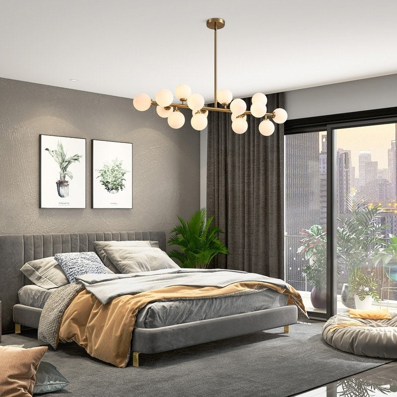 Lampadario lineare a 16 luci in ottone dorato, stile Mid-Century Modern, da 40 pollici, con paralume in vetro satinato, ideale per la sala da pranzo.