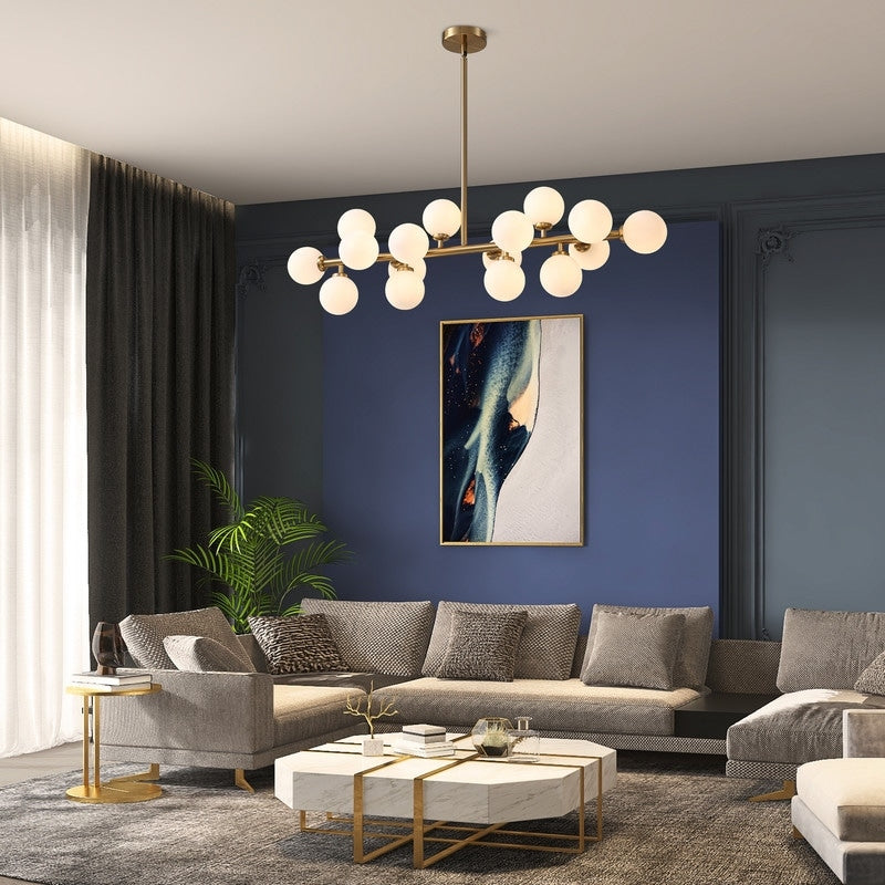 Lampadario lineare a 16 luci in ottone dorato, stile Mid-Century Modern, da 40 pollici, con paralume in vetro satinato, ideale per la sala da pranzo.