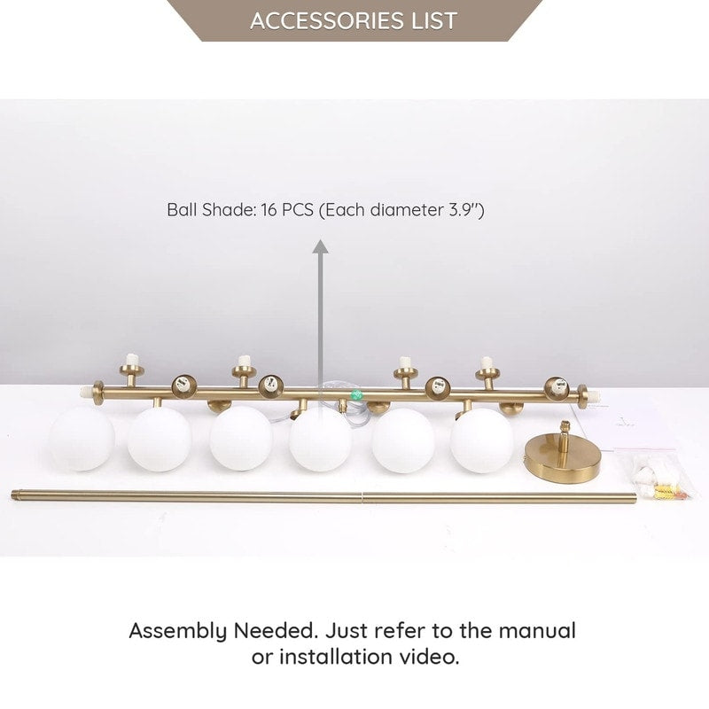 Lampadario lineare a 16 luci in ottone dorato, stile Mid-Century Modern, da 40 pollici, con paralume in vetro satinato, ideale per la sala da pranzo.