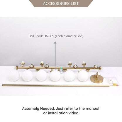 Lampadario lineare a 16 luci in ottone dorato, stile Mid-Century Modern, da 40 pollici, con paralume in vetro satinato, ideale per la sala da pranzo.