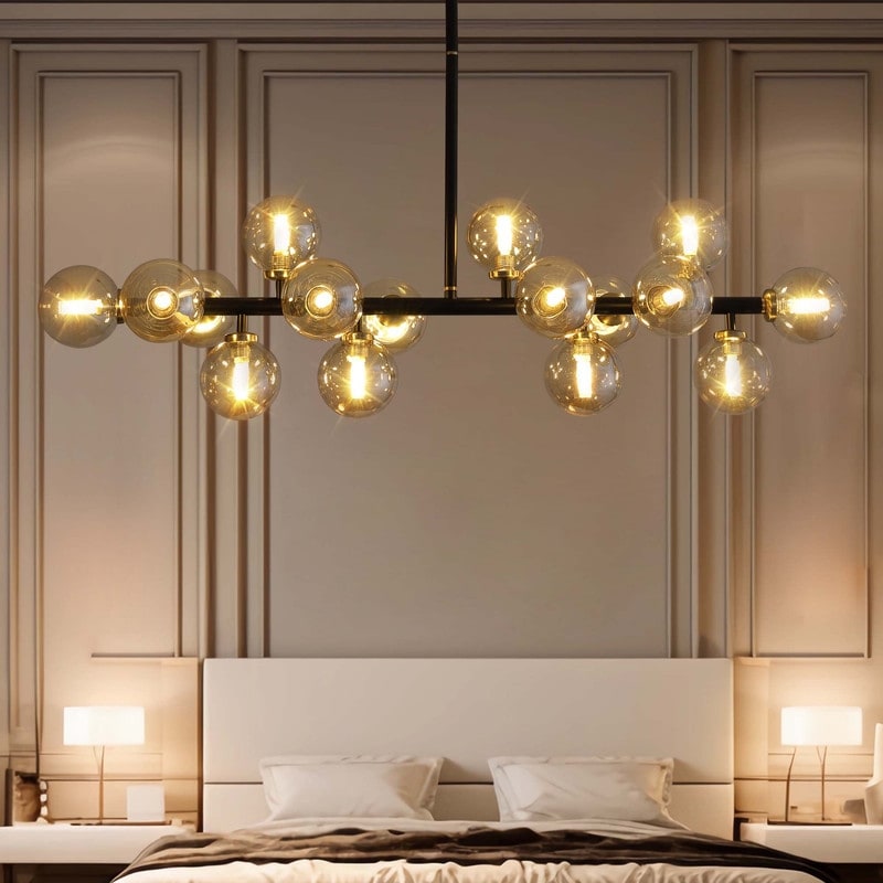 Lampadario lineare a 16 luci in ottone dorato, stile Mid-Century Modern, da 40 pollici, con paralume in vetro satinato, ideale per la sala da pranzo.
