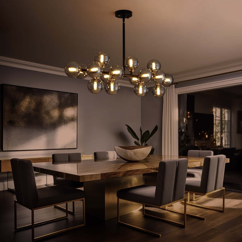 Lampadario lineare a 16 luci in ottone dorato, stile Mid-Century Modern, da 40 pollici, con paralume in vetro satinato, ideale per la sala da pranzo.