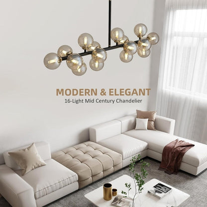 Lampadario lineare a 16 luci in ottone dorato, stile Mid-Century Modern, da 40 pollici, con paralume in vetro satinato, ideale per la sala da pranzo.