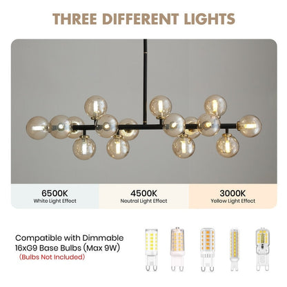 Lampadario lineare a 16 luci in ottone dorato, stile Mid-Century Modern, da 40 pollici, con paralume in vetro satinato, ideale per la sala da pranzo.