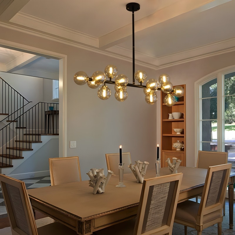 Lampadario lineare a 16 luci in ottone dorato, stile Mid-Century Modern, da 40 pollici, con paralume in vetro satinato, ideale per la sala da pranzo.