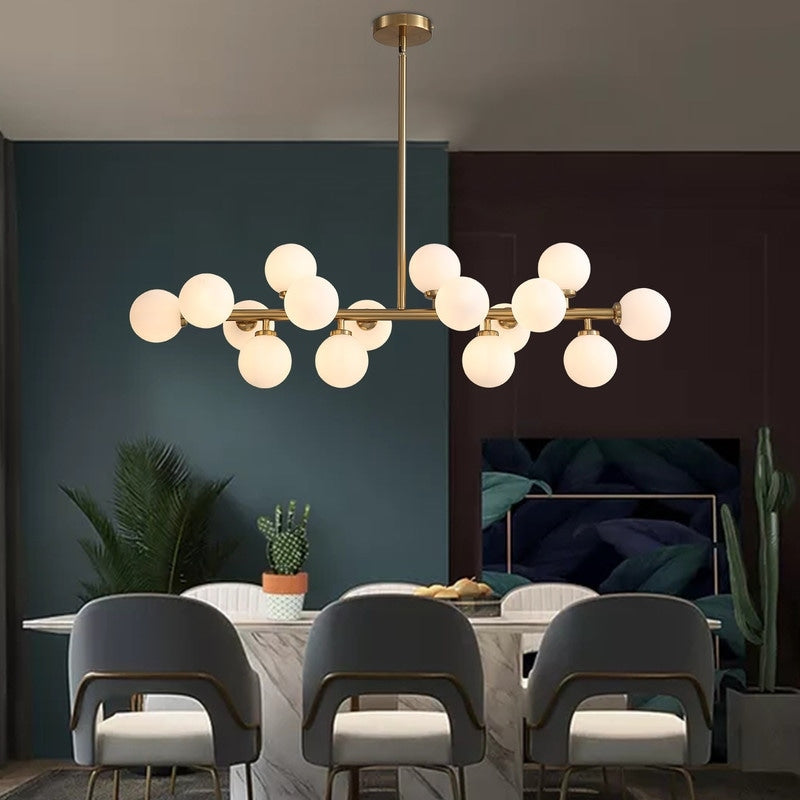 Lampadario lineare a 16 luci in ottone dorato, stile Mid-Century Modern, da 40 pollici, con paralume in vetro satinato, ideale per la sala da pranzo.