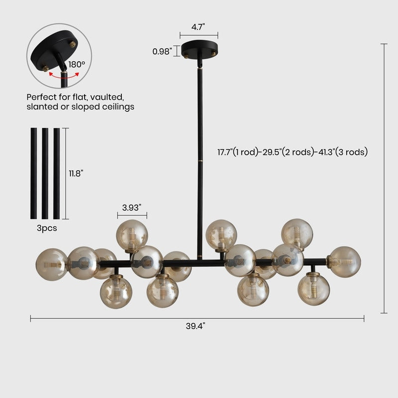 Lampadario lineare a 16 luci in ottone dorato, stile Mid-Century Modern, da 40 pollici, con paralume in vetro satinato, ideale per la sala da pranzo.