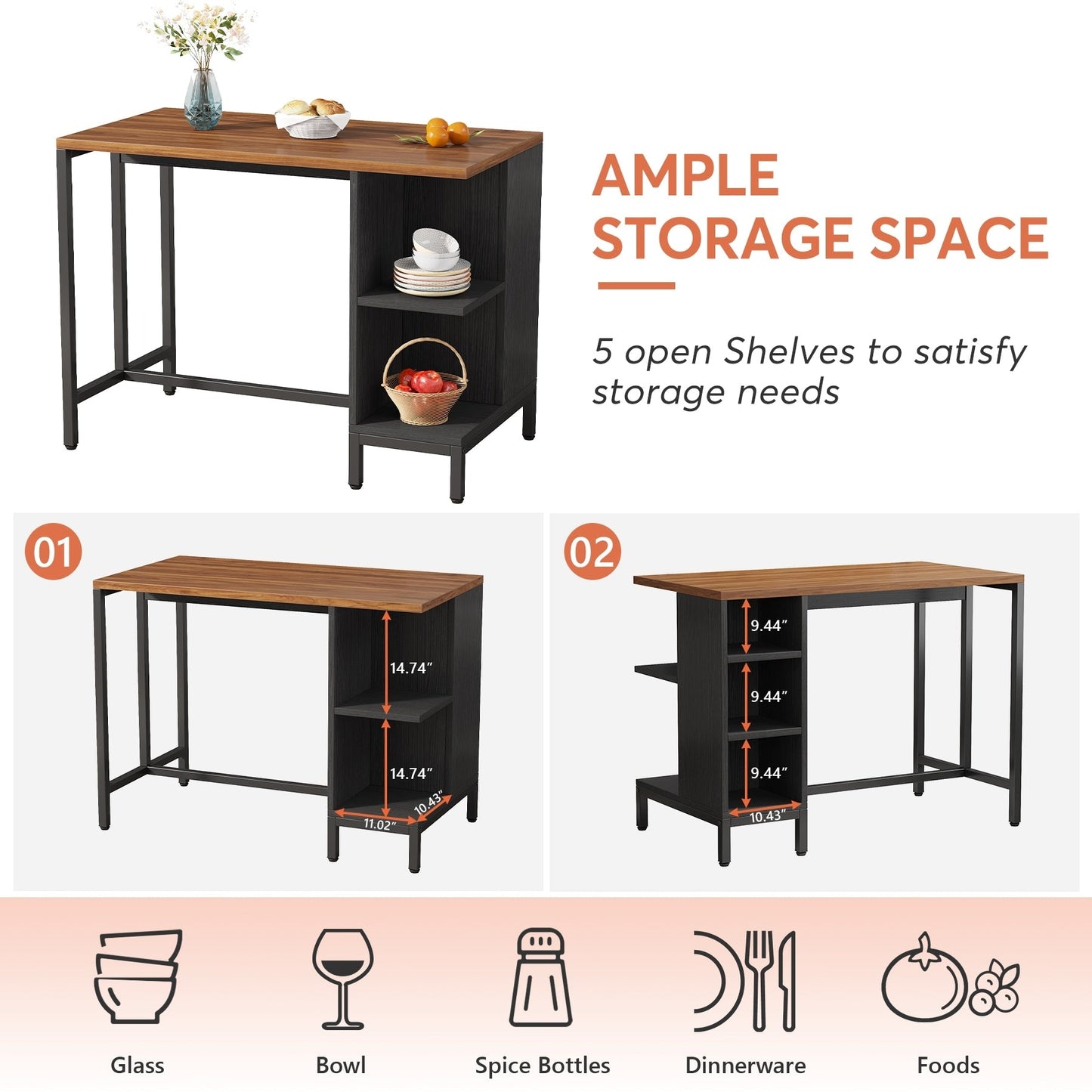 Isola da cucina larga 43 pollici, tavolo da cucina con 5 ripiani aperti.