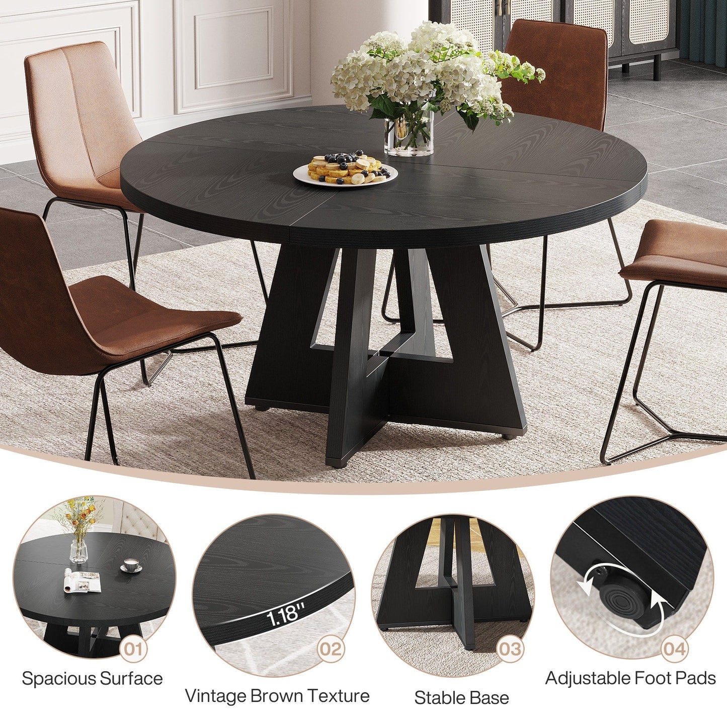 Tavolo da pranzo rotondo da 47 pollici per 4 persone, tavolo da cucina in stile farmhouse, piccolo tavolo da pranzo in legno per sala da pranzo e soggiorno.