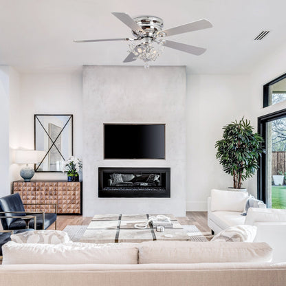 Ventilatore da soffitto a 5 pale, reversibile, moderno, con montaggio a soffitto a filo, in cristallo, da 48 pollici, con telecomando.