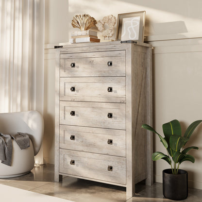 Comò in legno alto 48 pollici, stile farmhouse, con 5 cassetti, per la camera da letto.