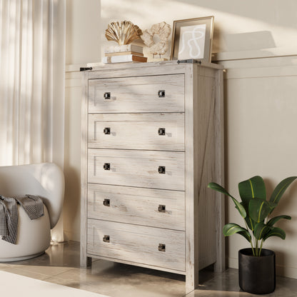 Comò in legno alto 48 pollici, stile farmhouse, con 5 cassetti, per la camera da letto.