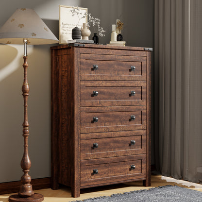 Comò in legno alto 48 pollici, stile farmhouse, con 5 cassetti, per la camera da letto.