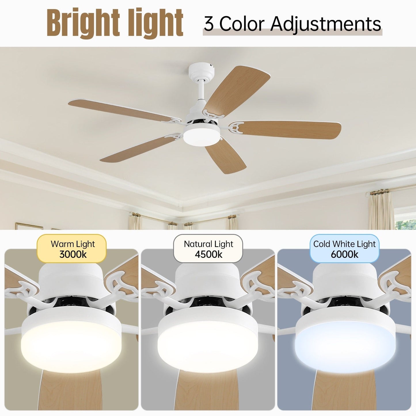 Ventilatore da soffitto a LED integrato da 48 e 52 pollici con luce e telecomando, motore DC reversibile