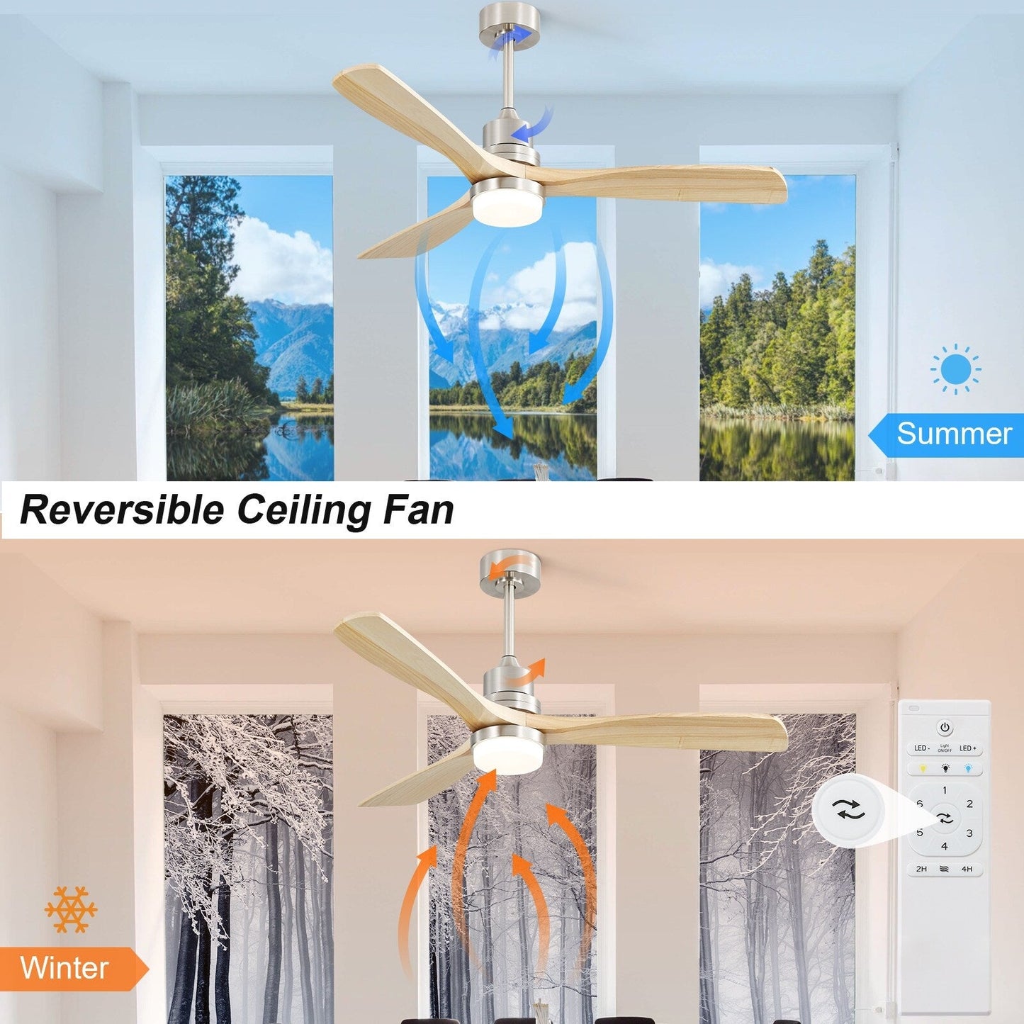 Ventilatore da soffitto a LED integrato da 48 e 52 pollici con luce e telecomando, motore DC reversibile