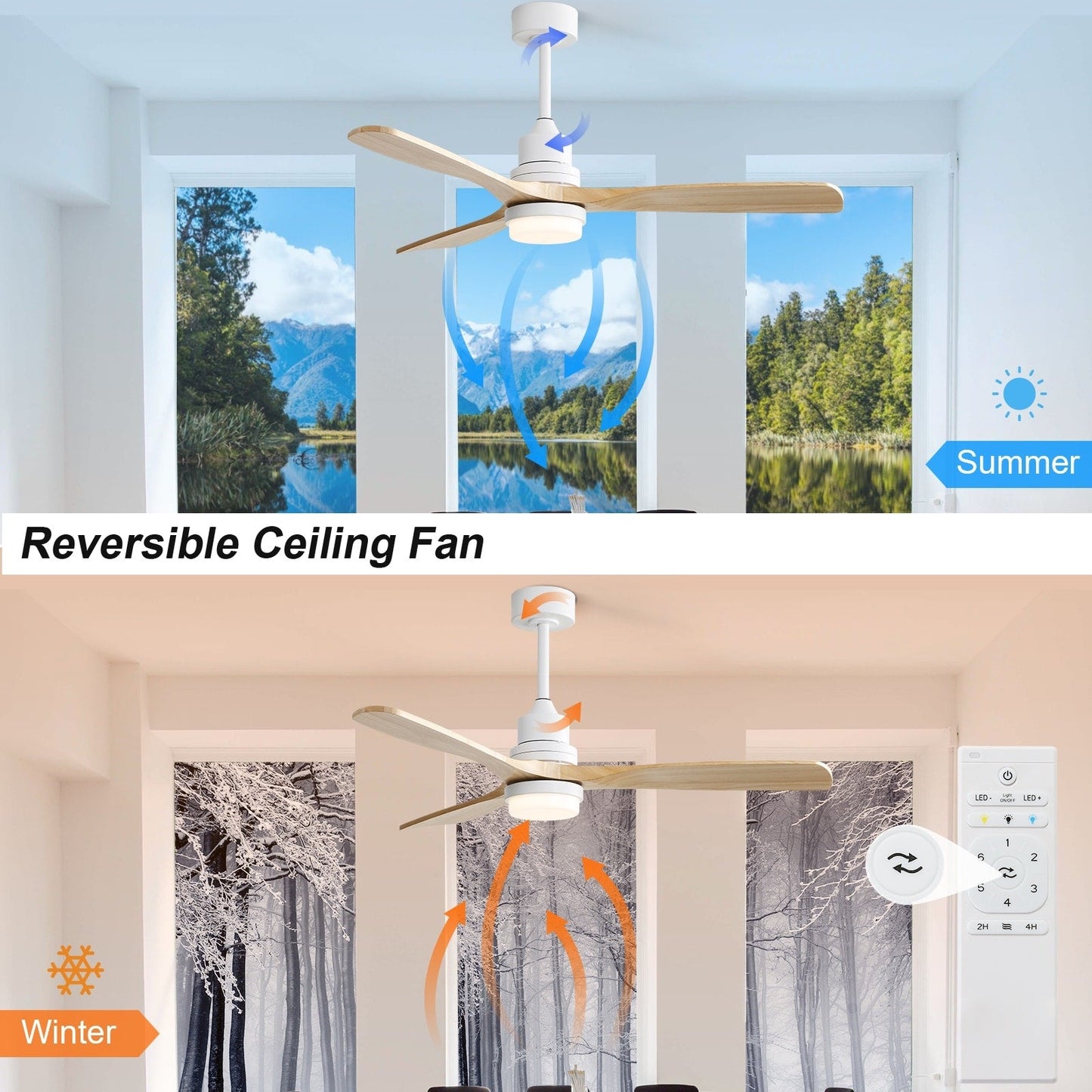 Ventilatore da soffitto a LED integrato da 48 e 52 pollici con luce e telecomando, motore DC reversibile