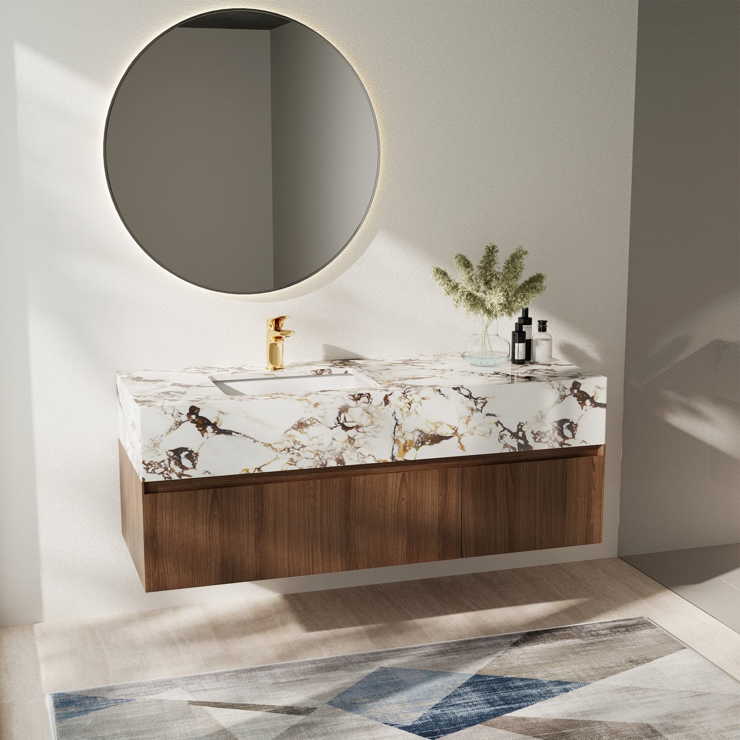 Mobile da bagno moderno da 48 pollici con lavabo singolo, piano in marmo artificiale lucido, legno massello.