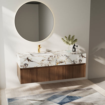 Mobile da bagno moderno da 48 pollici con lavabo singolo, piano in marmo artificiale lucido, legno massello.