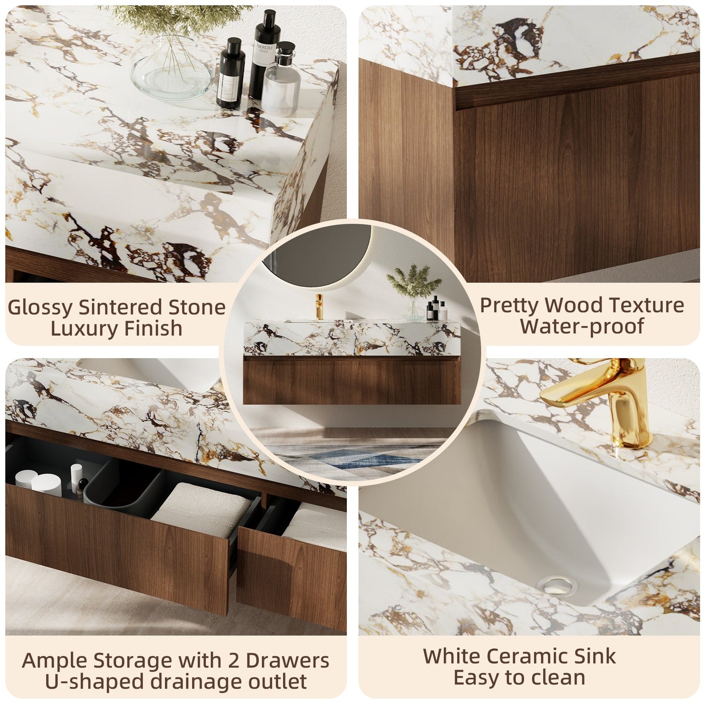 Mobile da bagno moderno da 48 pollici con lavabo singolo, piano in marmo artificiale lucido, legno massello.