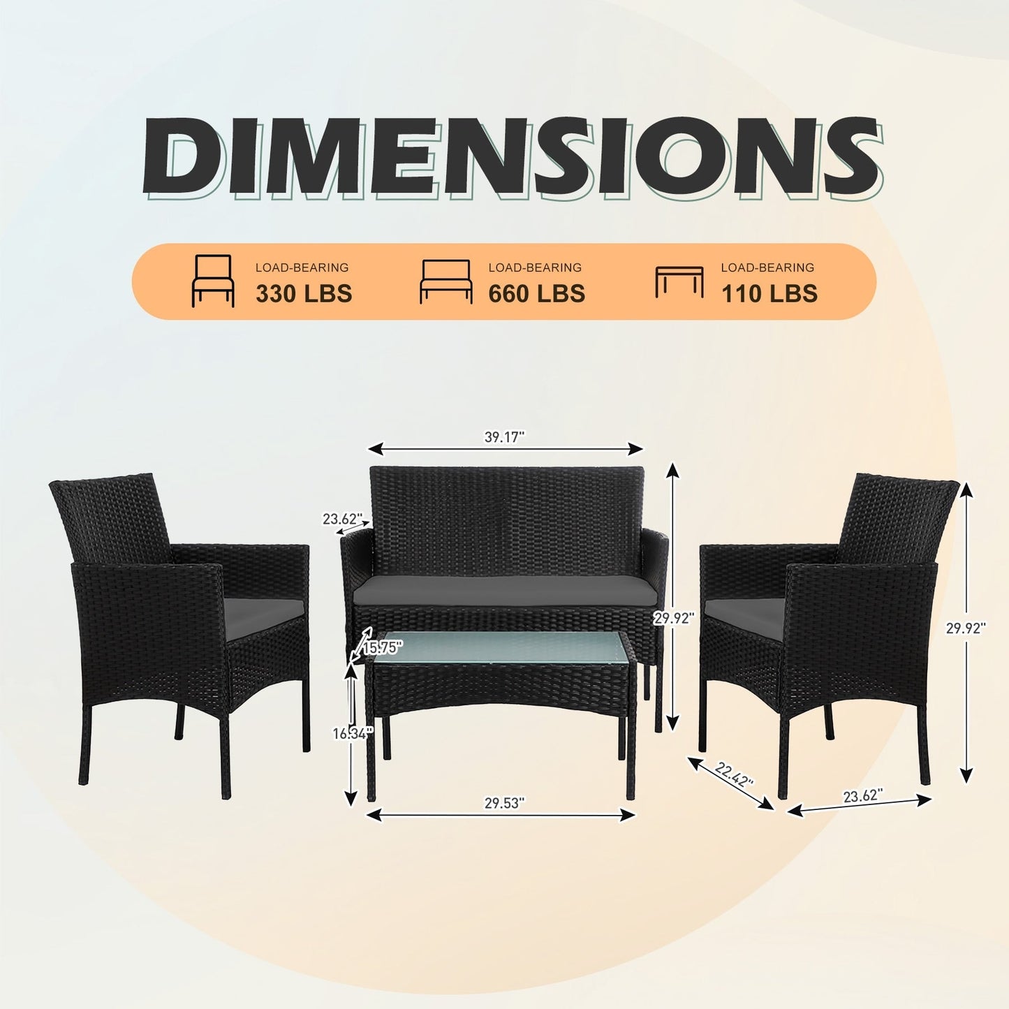 Set di mobili da giardino in vimite da 4 pezzi, set di divani componibili in rattan da esterno con cuscini.