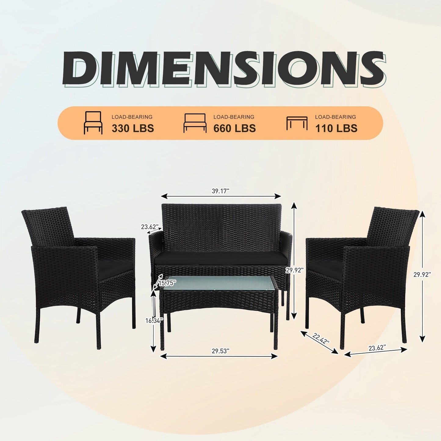 Set di mobili da giardino in vimite da 4 pezzi, set di divani componibili in rattan da esterno con cuscini.