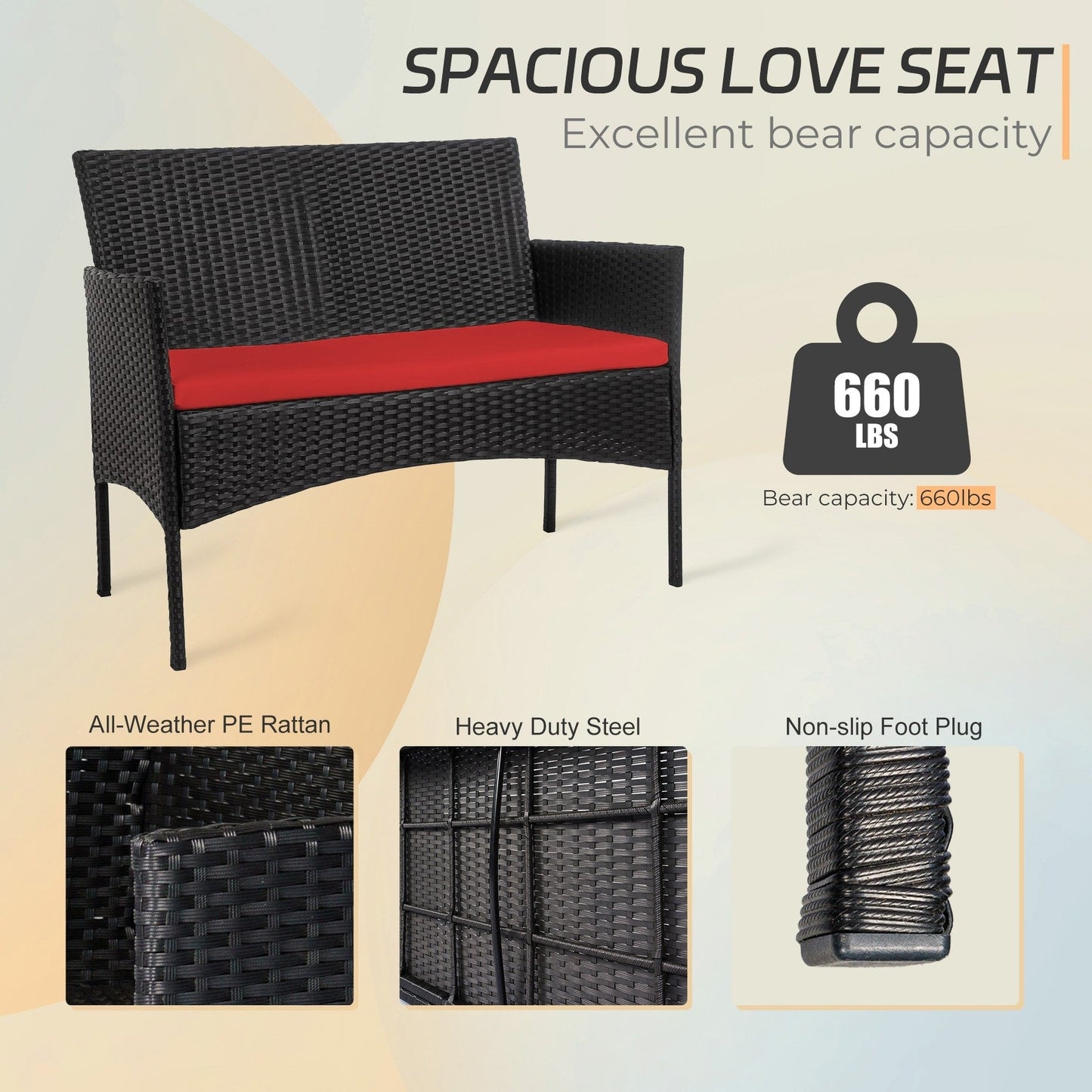 Set di mobili da giardino in vimite da 4 pezzi, set di divani componibili in rattan da esterno con cuscini.