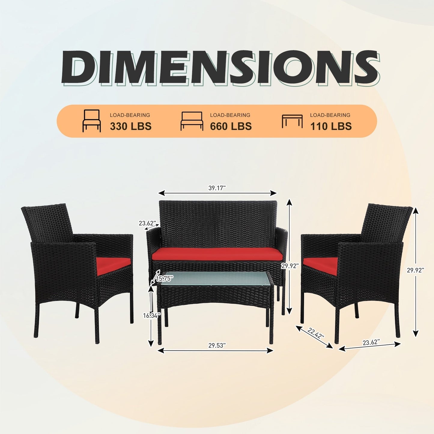 Set di mobili da giardino in vimite da 4 pezzi, set di divani componibili in rattan da esterno con cuscini.