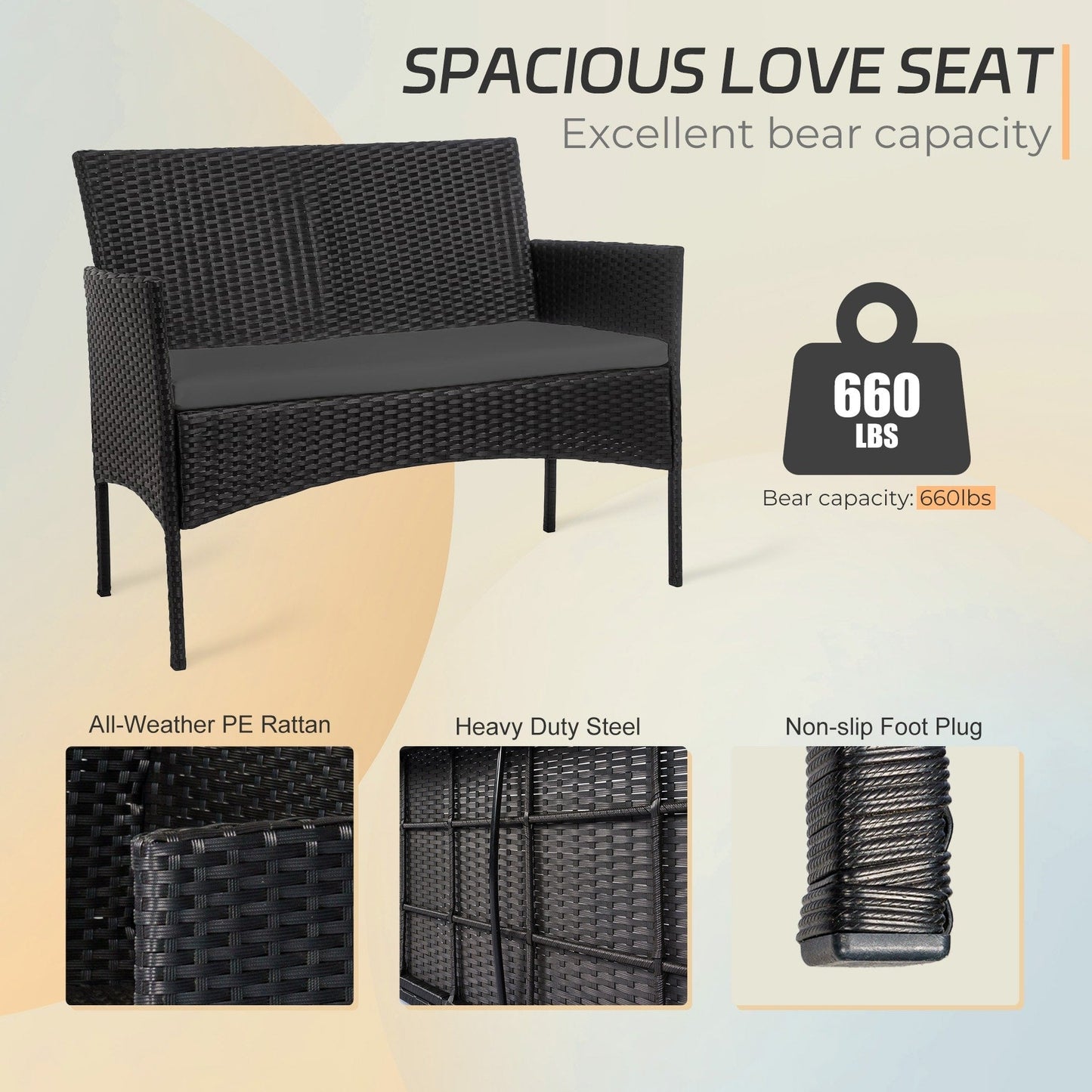 Set di mobili da giardino in vimite da 4 pezzi, set di divani componibili in rattan da esterno con cuscini.