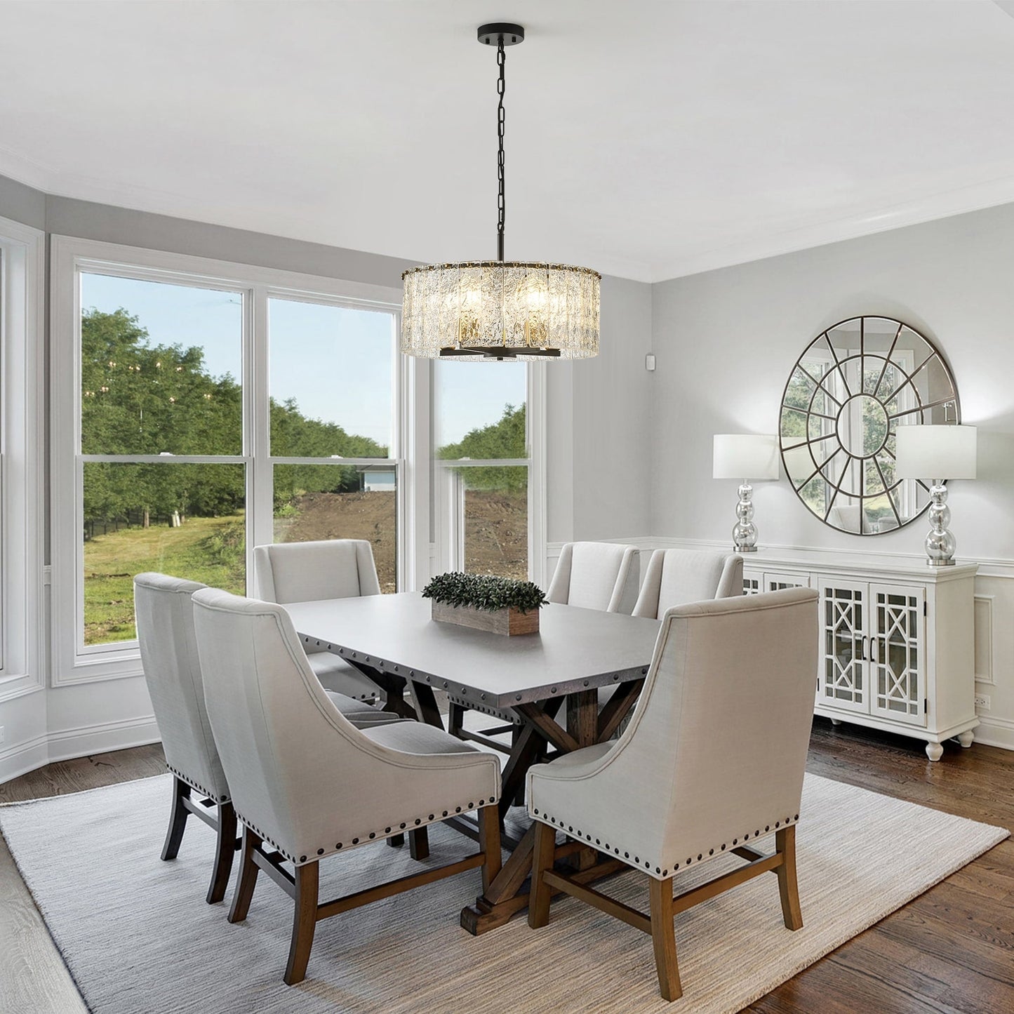 Lampada a sospensione a forma di tamburo rotonda moderna a 5 luci, lampada a soffitto semi-a incasso classica, lampada a sospensione per isola cucina e sala da pranzo