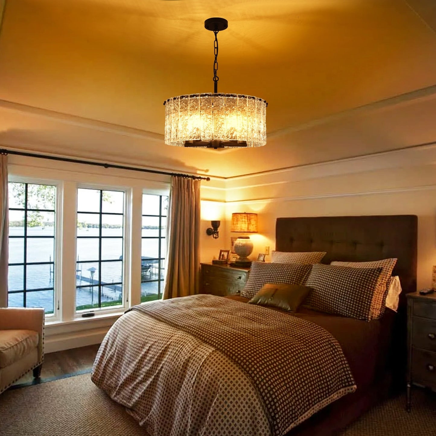 Lampada a sospensione a forma di tamburo rotonda moderna a 5 luci, lampada a soffitto semi-a incasso classica, lampada a sospensione per isola cucina e sala da pranzo