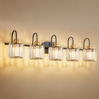 Lampada da bagno lineare a 5 luci, dimmerabile, con paralume in cristallo cilindrico, stile glamour.