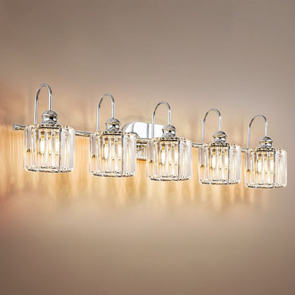 Lampada da bagno lineare a 5 luci, dimmerabile, con paralume in cristallo cilindrico, stile glamour.