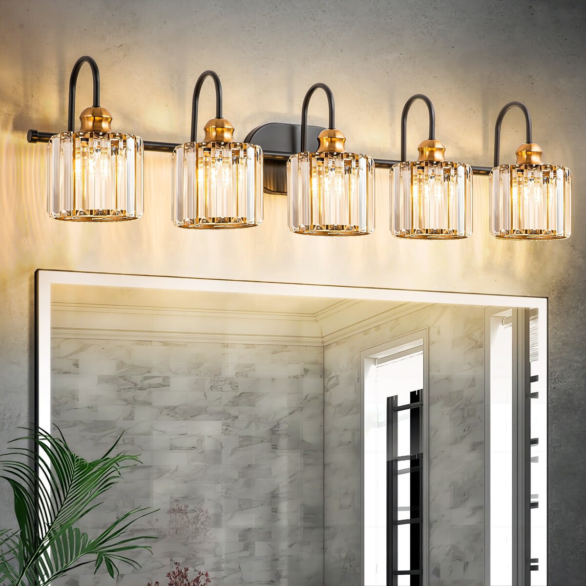Lampada da bagno lineare a 5 luci, dimmerabile, con paralume in cristallo cilindrico, stile glamour.